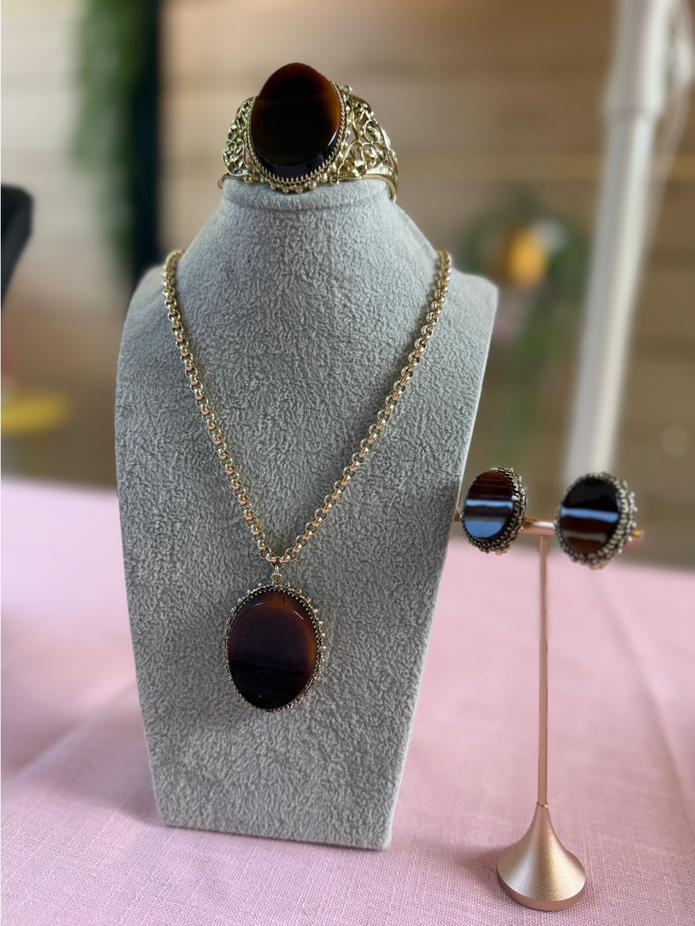 Whiting & Davis Faux Agate Cabochon Necklace Bracelet Earrings Set